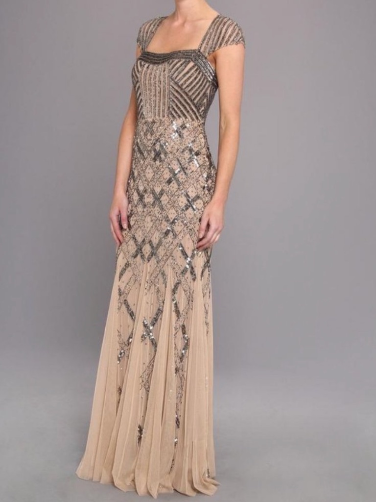 Adrianna Papell Cap Sleeve Beaded Gown With Envelope Back | Size 12